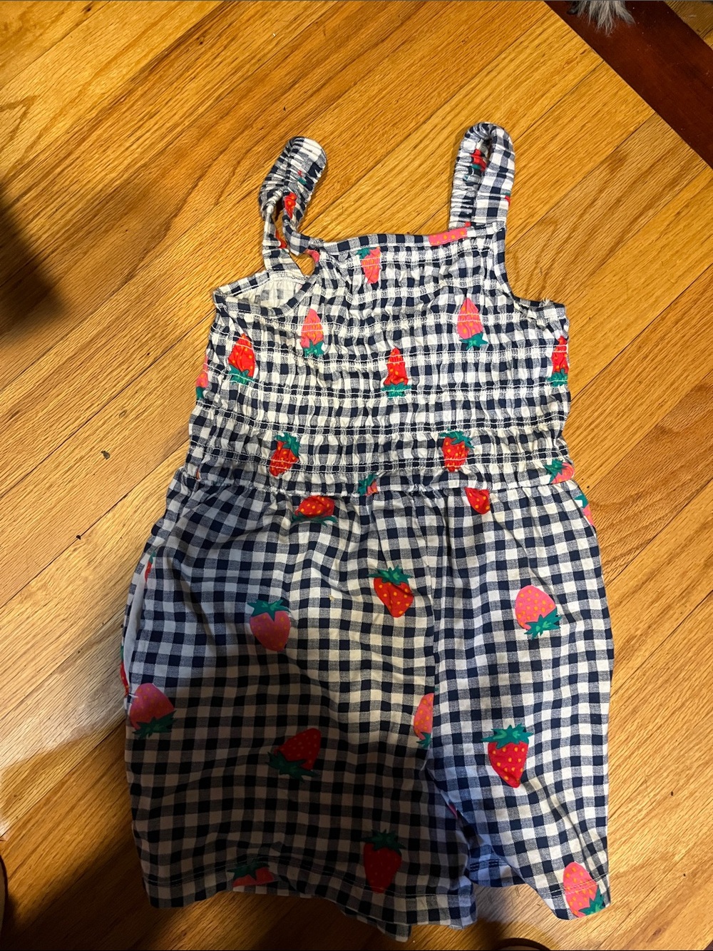 Girls Navy Gingham Strawberry Print Romper - Unbranded